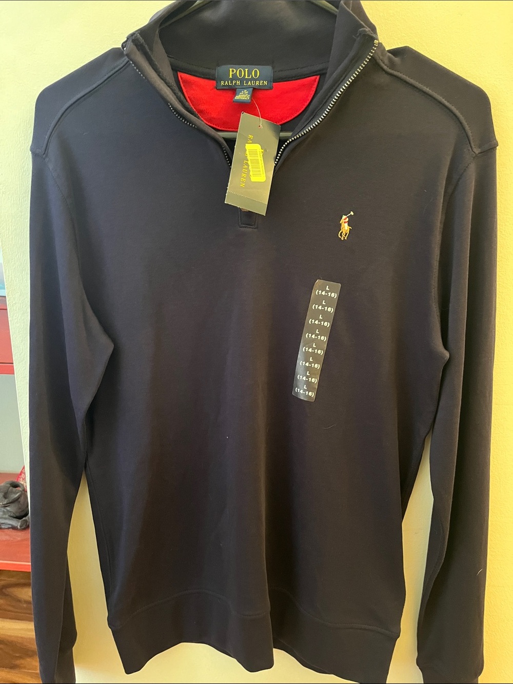 Polo by Ralph Lauren Navy Quarter-Zip Pullover with Red Inner Collar youth 14-16